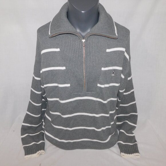 United Colors of Benetton Womens XL Gray White Striped 1/2 Zip Sweater - Picture 1 of 13